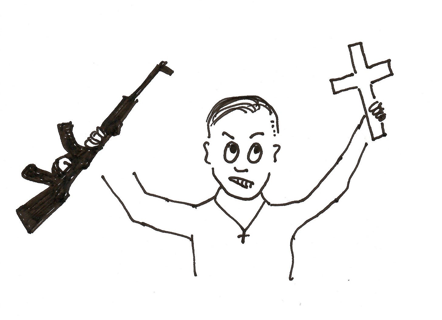 Zeichnung eines Mannes, der ein Kreuz und ein Gewehr hochhält