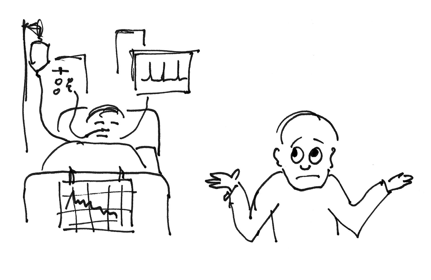 Zeichnung eines Patienten im Krankenbett und einer ratlosen Person