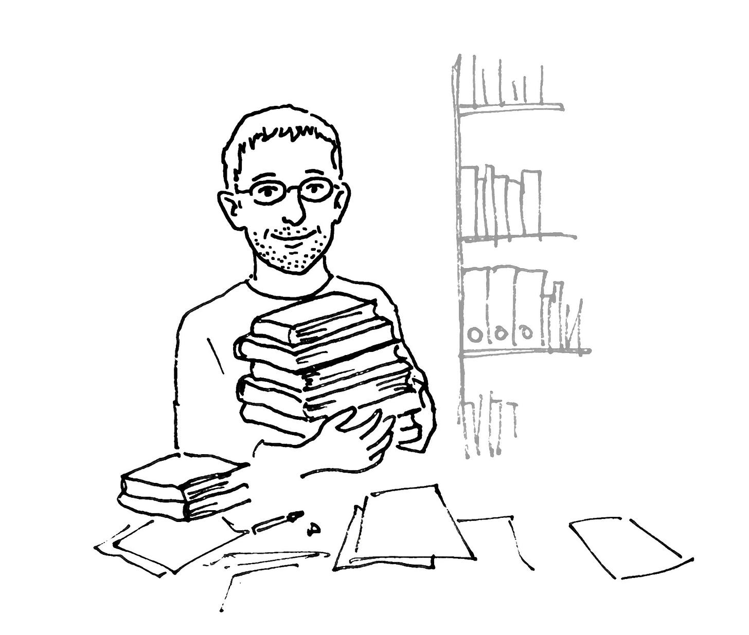 Ein Physiker mit einem Stapel Bücher aus unterschiedlichen Fachgebieten