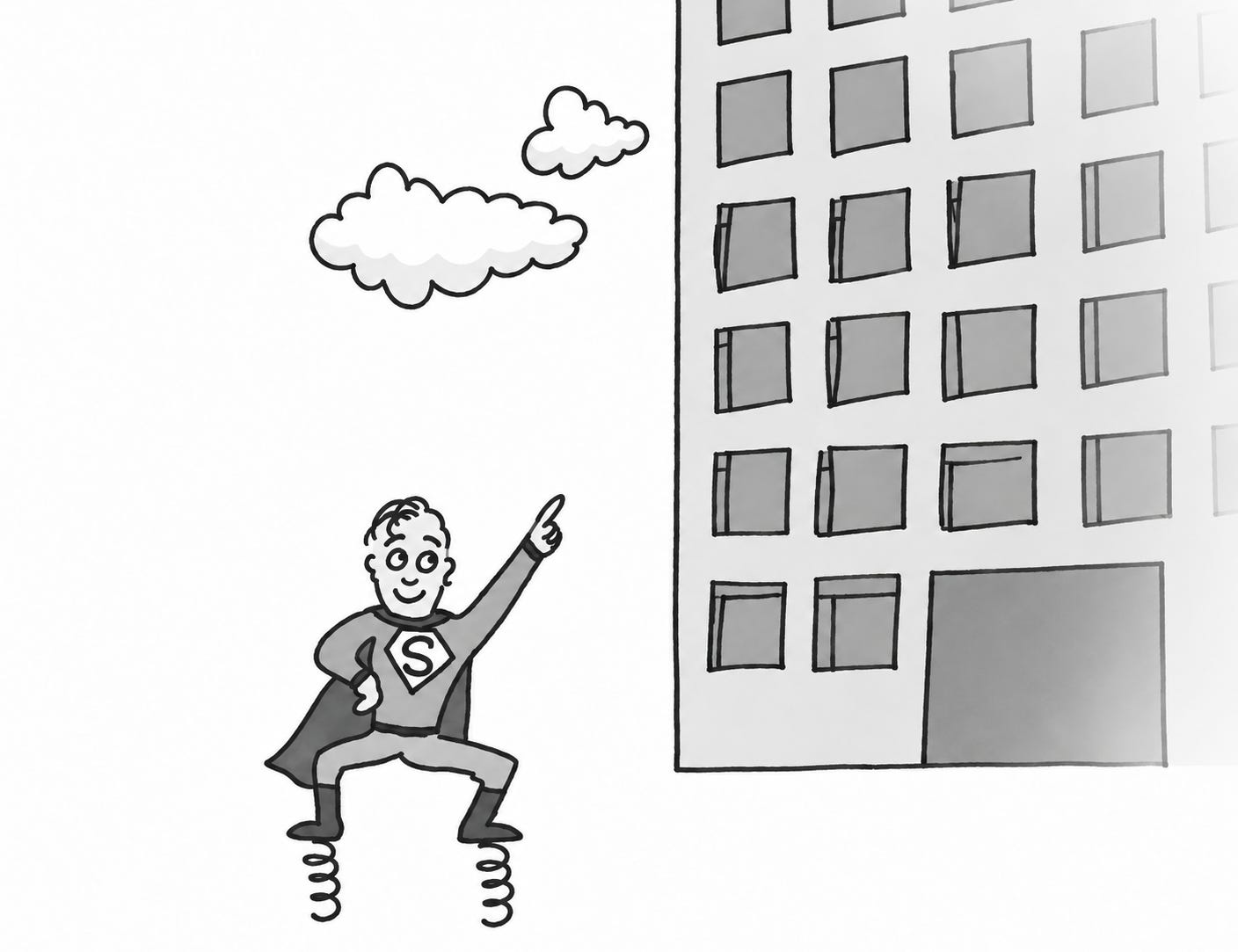 Superman überlegt, von einer Bordsteinkante auf einen Wolkenkratzer zu springen