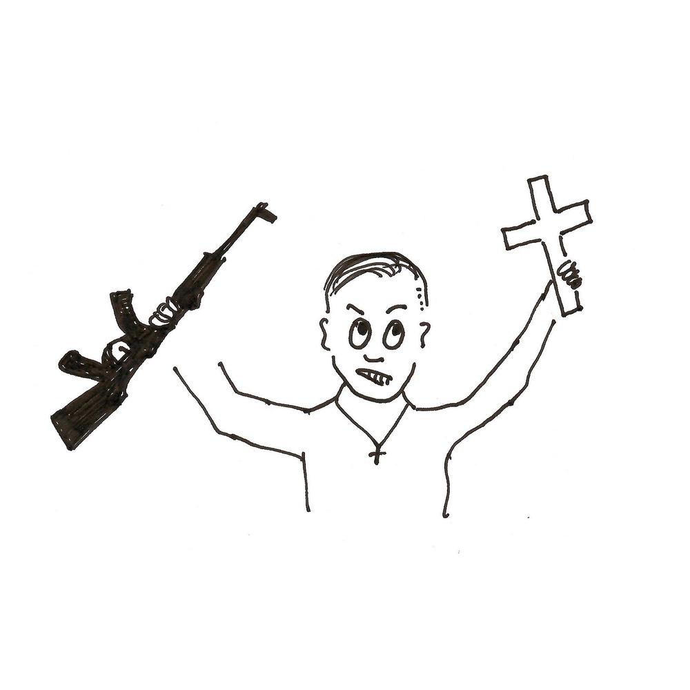 Zeichnung eines Mannes, der ein Kreuz und ein Gewehr hochhält