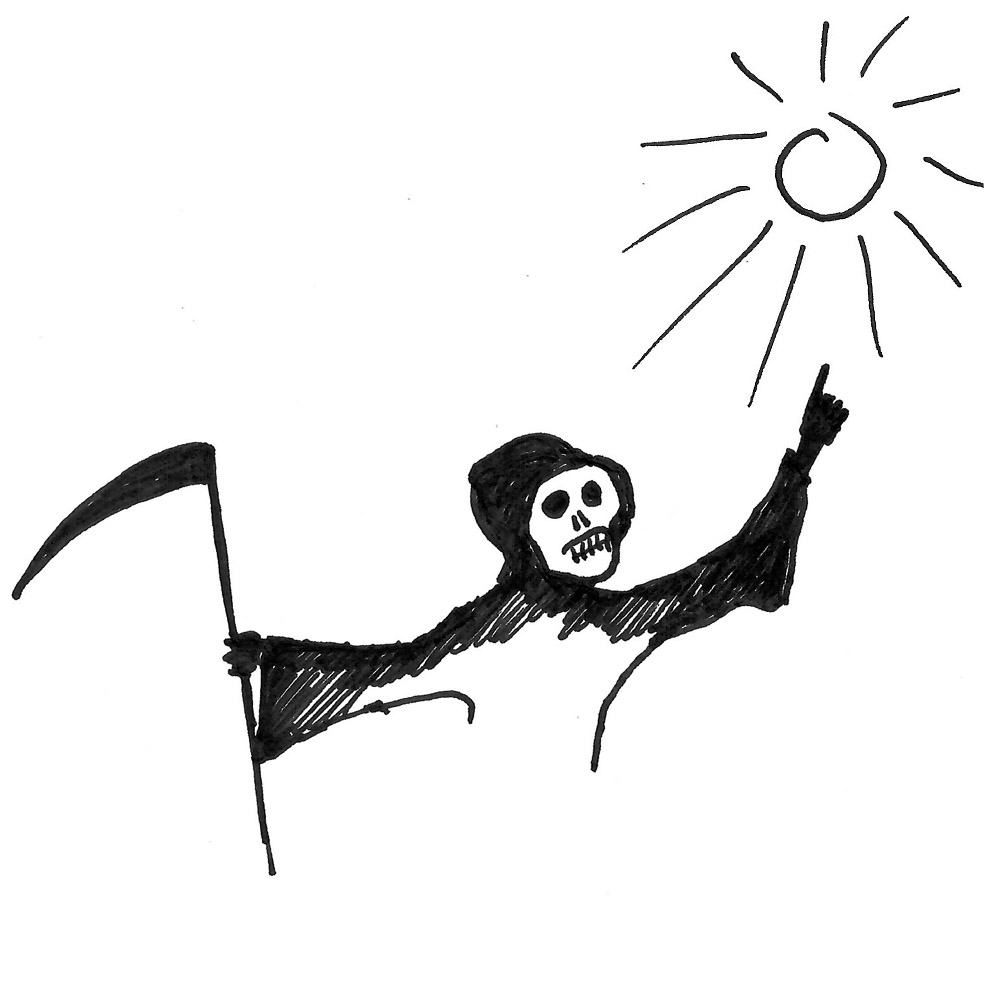 Gezeichneter Sensenmann, der auf eine heiße Sonne zeigt